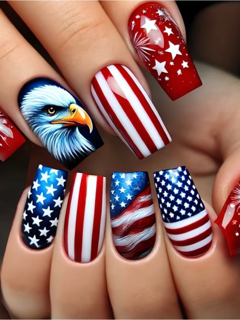 🇺🇸 24pcs USA 4th of July Design, Medium Length Square Glossy Press on Nails